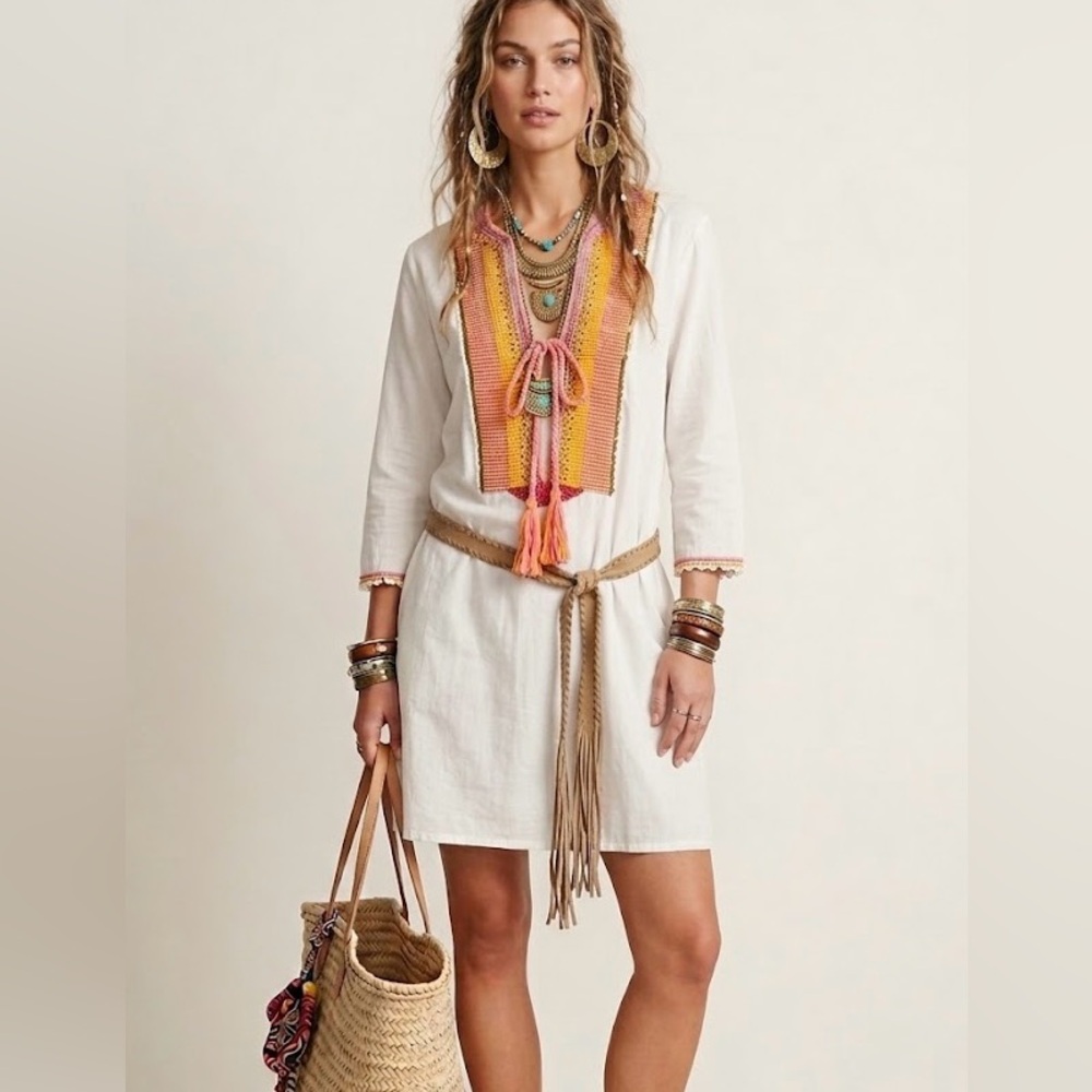 Christophe Sauvat Embroidered Beaded Tunic Dress Boho Cottagecore Tassel Bib